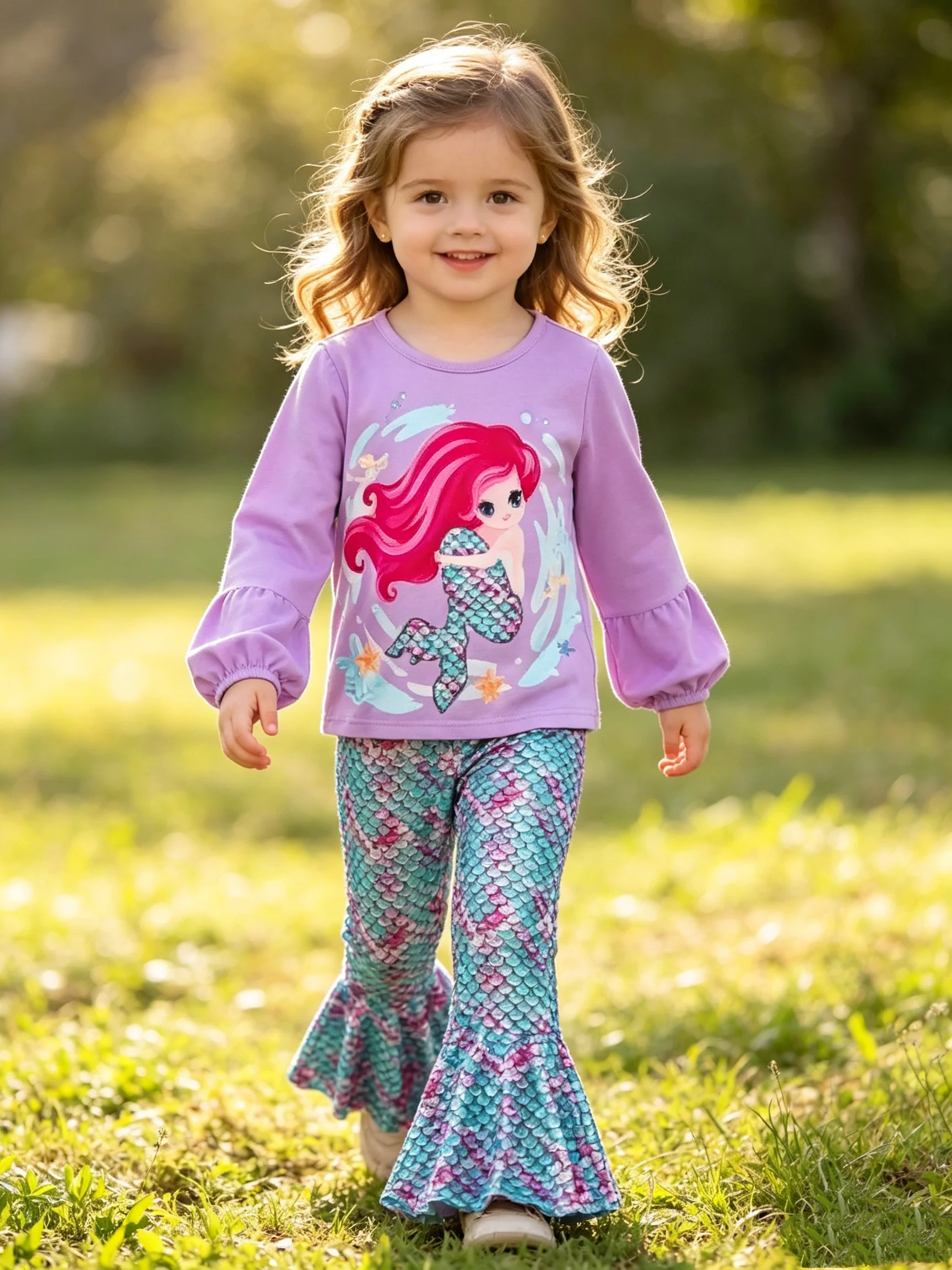 Girls Spring Autumn Mermaid Theme Two-Piece Set Light Purple round Neck Long Sleeve T-Shirt with Laser Gradient Fish Scale Bell