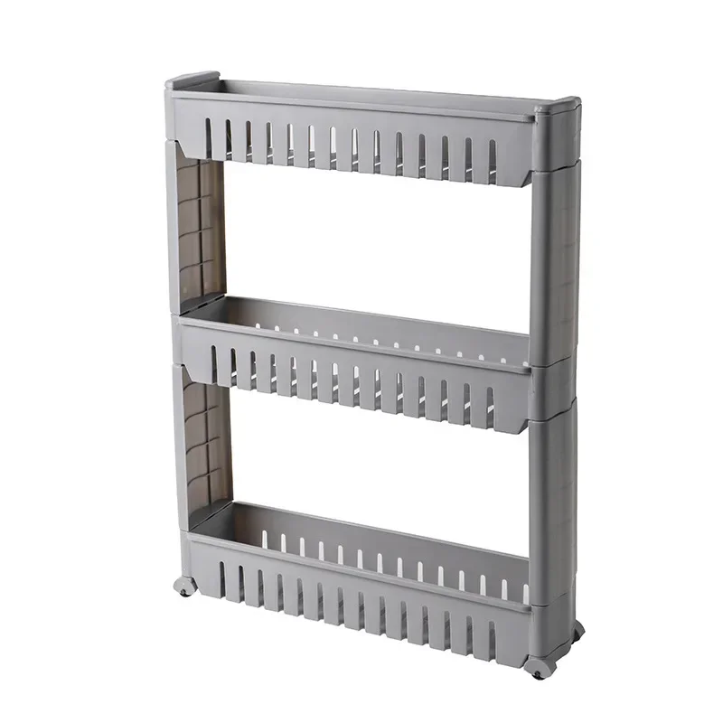 Kitchen Bathroom Slot Three Layer Organizer Splinted Storage Rack Narrow with Pulley Movable Door Behind The Storage Rack