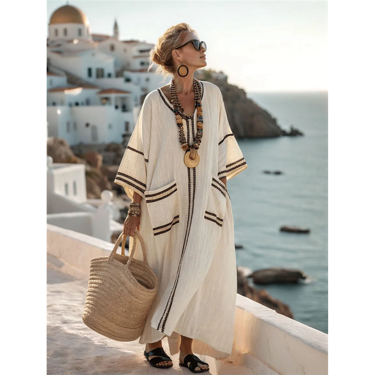 ABRT-فستان نسائي صيفي فضفاض كبير الحجم من القطن والكتان برقبة على شكل V بوهو كتلة ألوان قفطان طويل مع فتحة #3