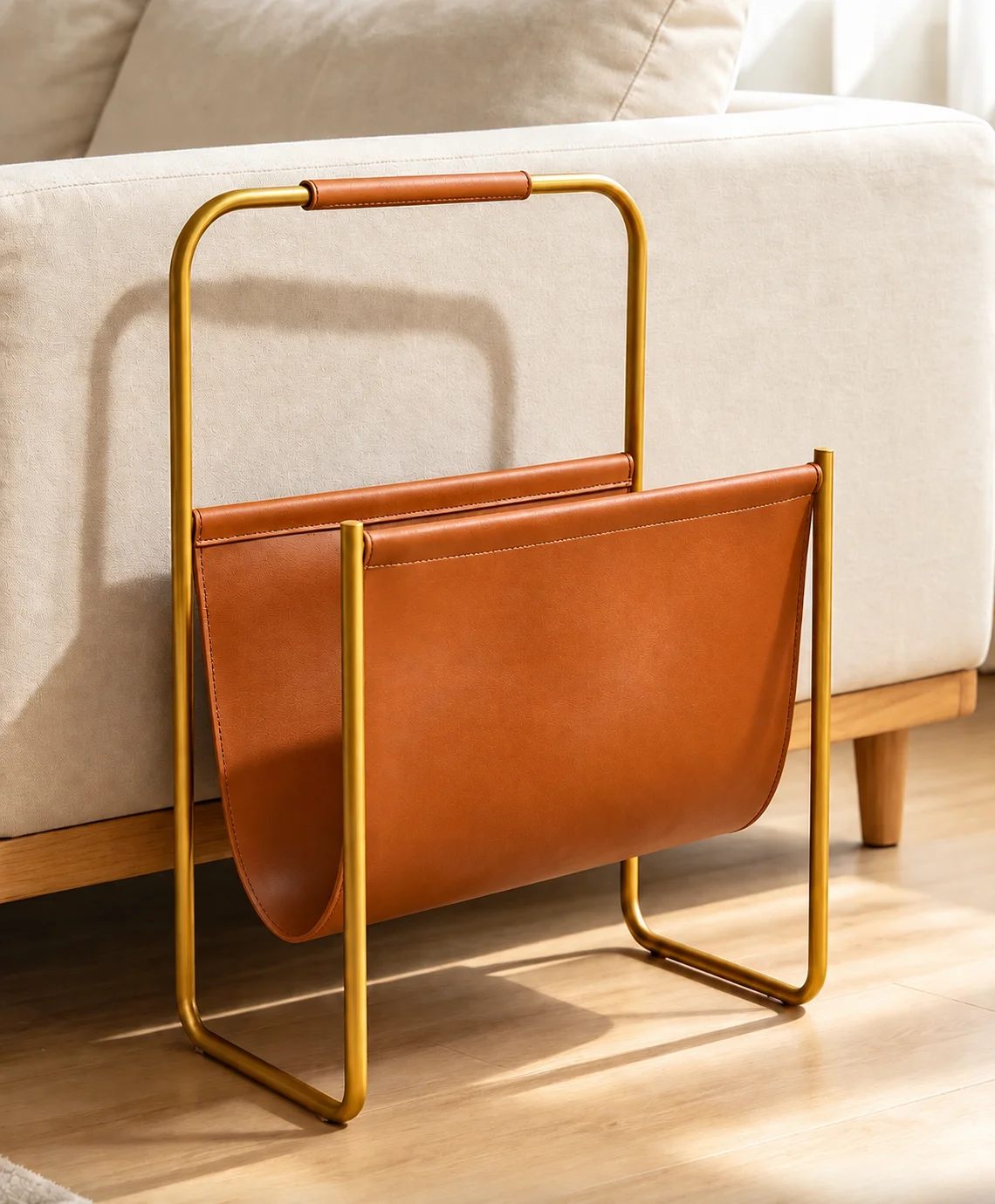 Magazine Holder with Handle, Gold-Tone 304 Stainless Steel Frame and Brown Leather Sling, Floor or Tabletop Organizer