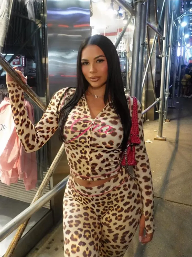 Sexy Long-sleeved Hooded Zipper Top + Bell-bottom Pants 2-piece Set For Women's Leopard Print High Street Sports Suit Female Y2K - view 6