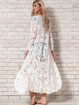 Fitshinling ボヘミアン ホワイト ビーチ カバーアップ 水着 サロン 刺繍 レース 着物 セクシー 透明 ロング カーディガン Saida de Praia