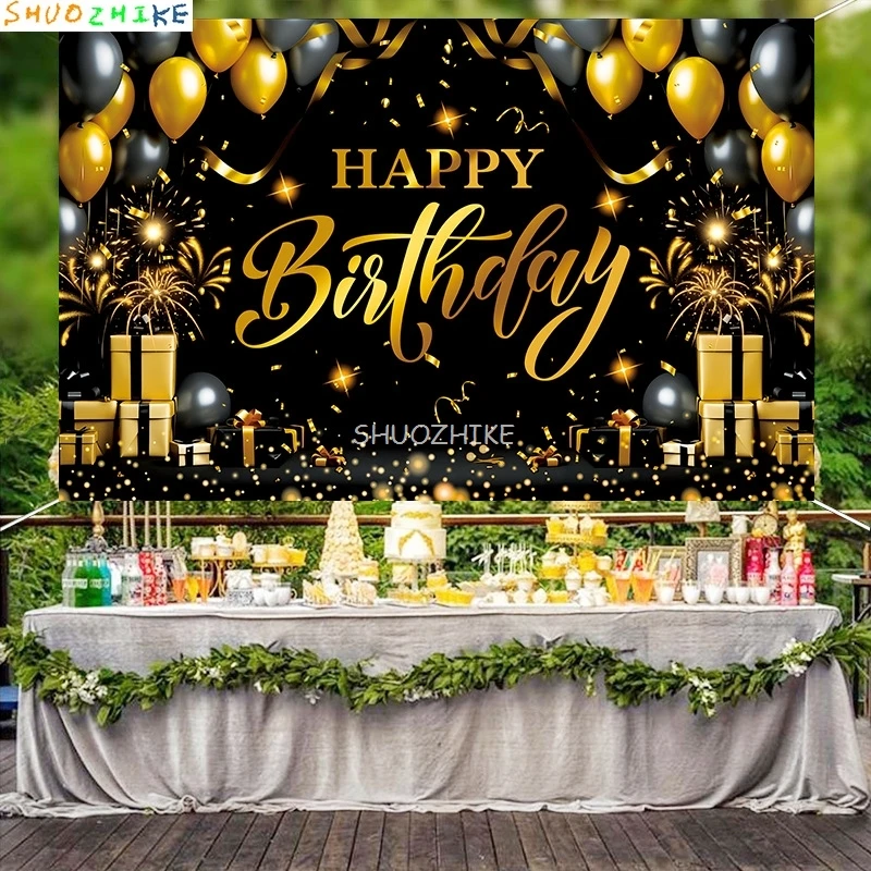 

3D Black Gold Glitter Celebration Happy Birthday Background Balloon Party Decor Gifts Boy Girl Adult Photography Backdrops ZZ-03