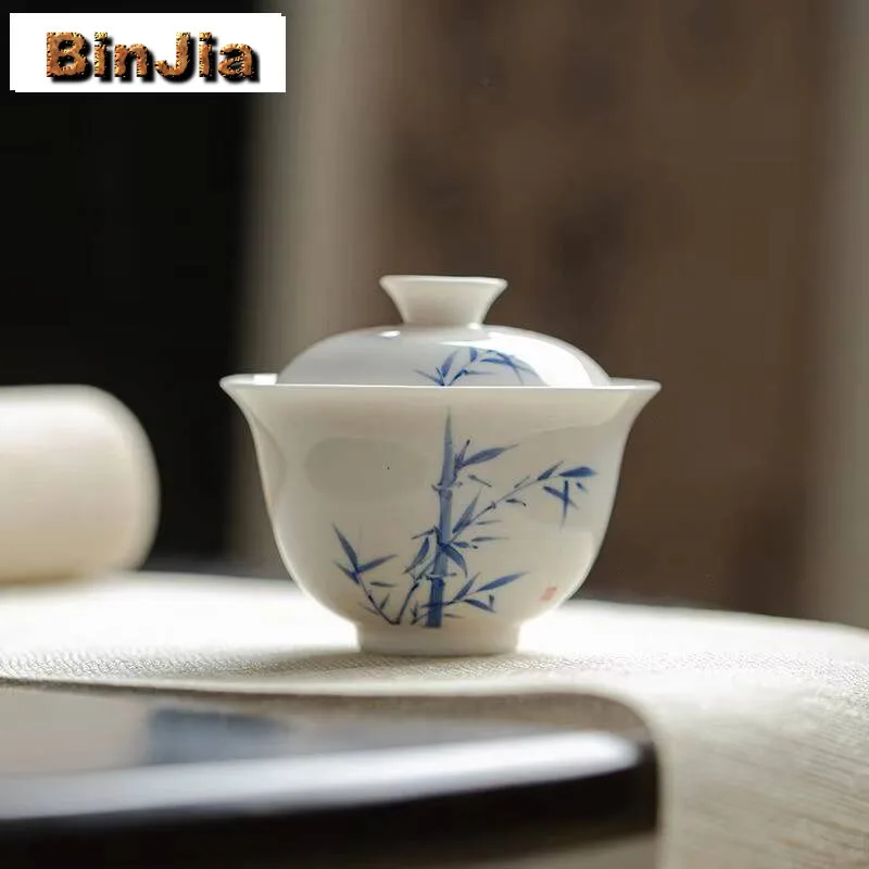 

130 мл белая фарфоровая миска с крышкой, бытовая ручная роспись, бамбуковая эстетичная чашка для чая с защитой от ожогов, Гавань, услуги по изготовлению подарка