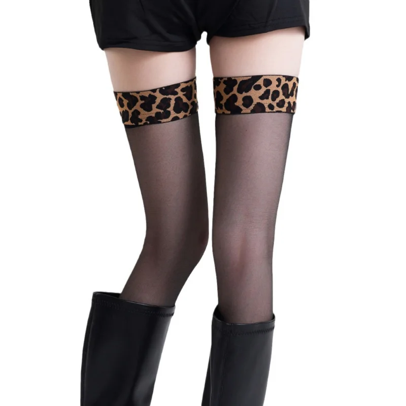 Sexy leopard print patchwork thigh high socks woman black skin tone Stockings club medias thin beautiful legs lingerie.