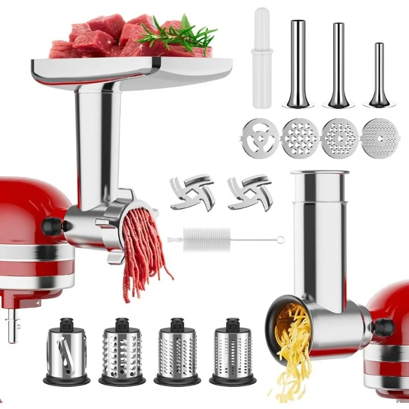 

Meat Grinder and Cheese Grater Attachment for Stand Mixer with Sausage Stuffer Tubes and Slicer Shredder KitchenAid Mixer
