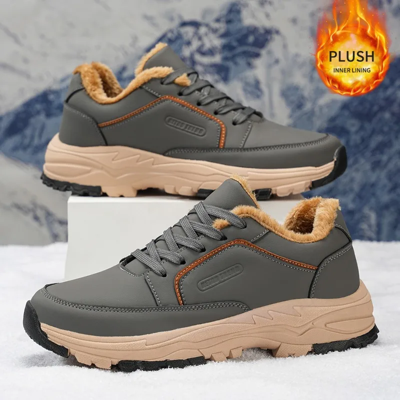 Men's Large Size Plush Inner Lining Climbing Shoes Waterproof Outdoor Hiking Boots Winter Non-slip Casual Trail Running Sneakers