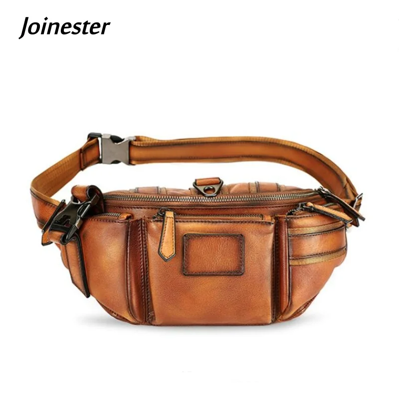 

Genuine Leather Casual Chest Bag for Men Pure Color Vintage Shoulder Bag with Pockets Functional All-match Travel Purse