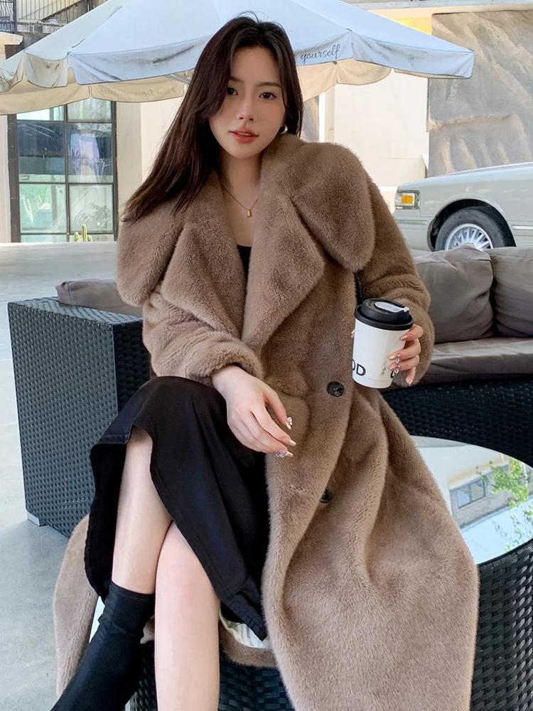 DEAT Fashion Imitation Mink Coat Women's Lapel Loose Purple Full Sleeves Plush Long Faux Fur Jacket Winter 2024 New 7AB6365