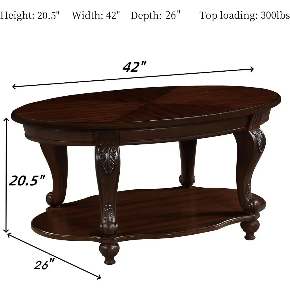 Wood Coffee Table for Living Room Oval Coffee Table with Storage Shelf, Antique Table Legs with Elegant Carvings, Easy Assembly