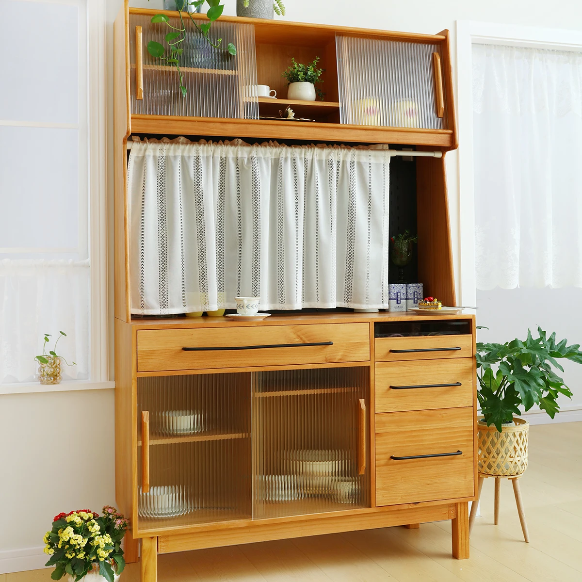 

1pc Boho style, Classic Striped Design Small Curtain, Rod Pocket, White Hollow Warp Knitted Short Curtain, for Window Cabinet