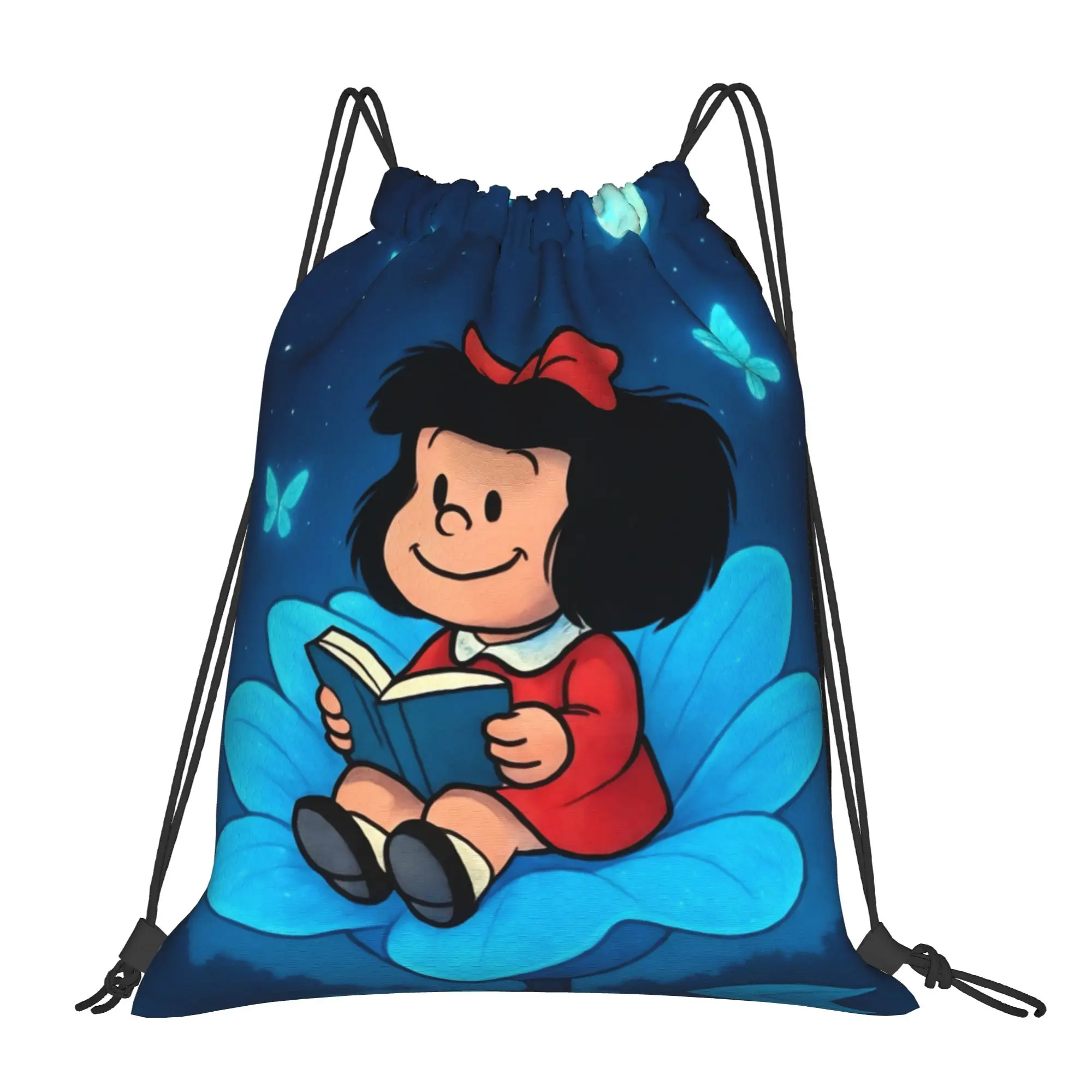 Mafaldas Blue Butterfly Drawstring Backpack Sports Gym Sackpack Water Resistant  String Bags for Running 36cm (W) x 43cm (H)