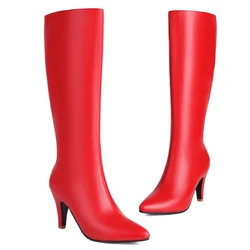Elegant Red Women's Knee High Boots Brown Black Heeled Long Boot Female Large Size 48 Autumn Winter Party Shoes Ladies Footwear