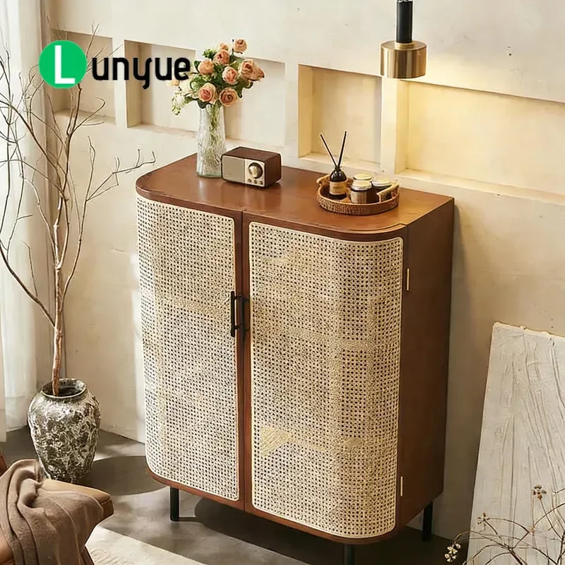 Modern Nordic Solid Wood Rattan Sideboard Durable Storage Cabinet Locker for Living Room Bedroom Home Furniture Decor