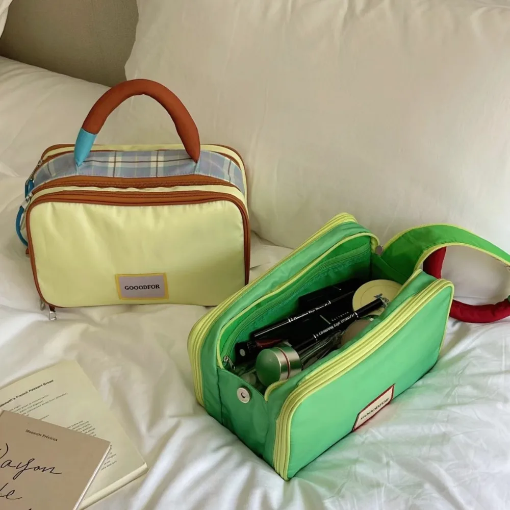 

Oxford Cloth Plaid Makeup Bag Storage Handle Travel Cosmetic Container Large Capacity Multifunctional Wash Pouch