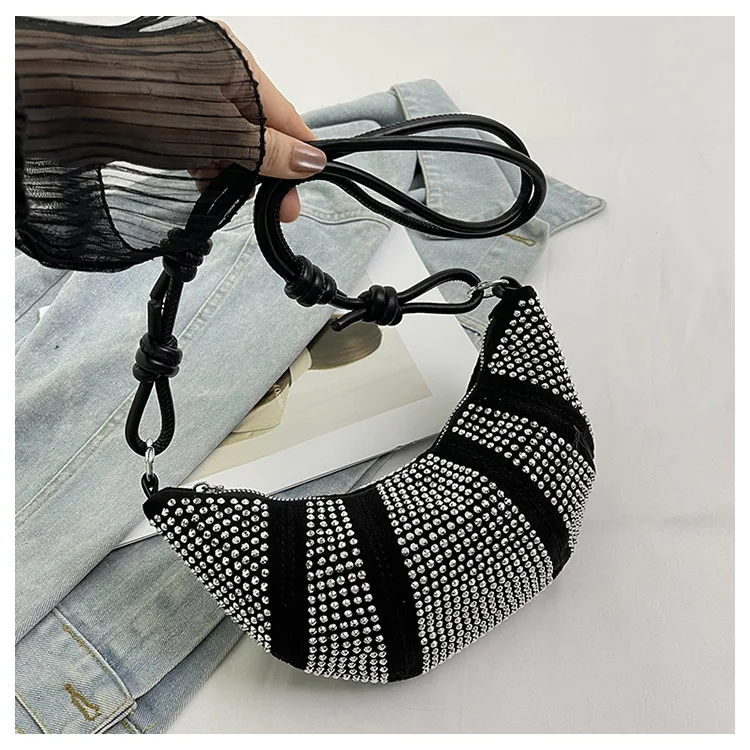 

2025 блестящая сумка через плечо со стразами, женская маленькая сумка через плечо, винтажная сумка в форме полумесяца, подмышки для рабочего вечера