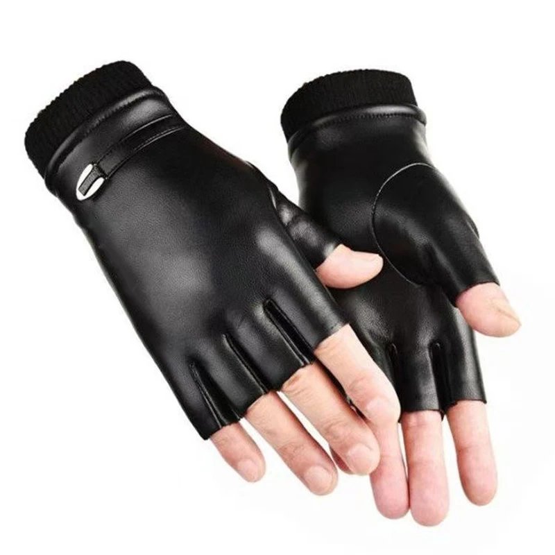 PU Leather Gloves Warm Fingerless Men Winter Goth Punk Outdoor Fleece Lined Windproof Typing Faux Leather Gloves Office Work