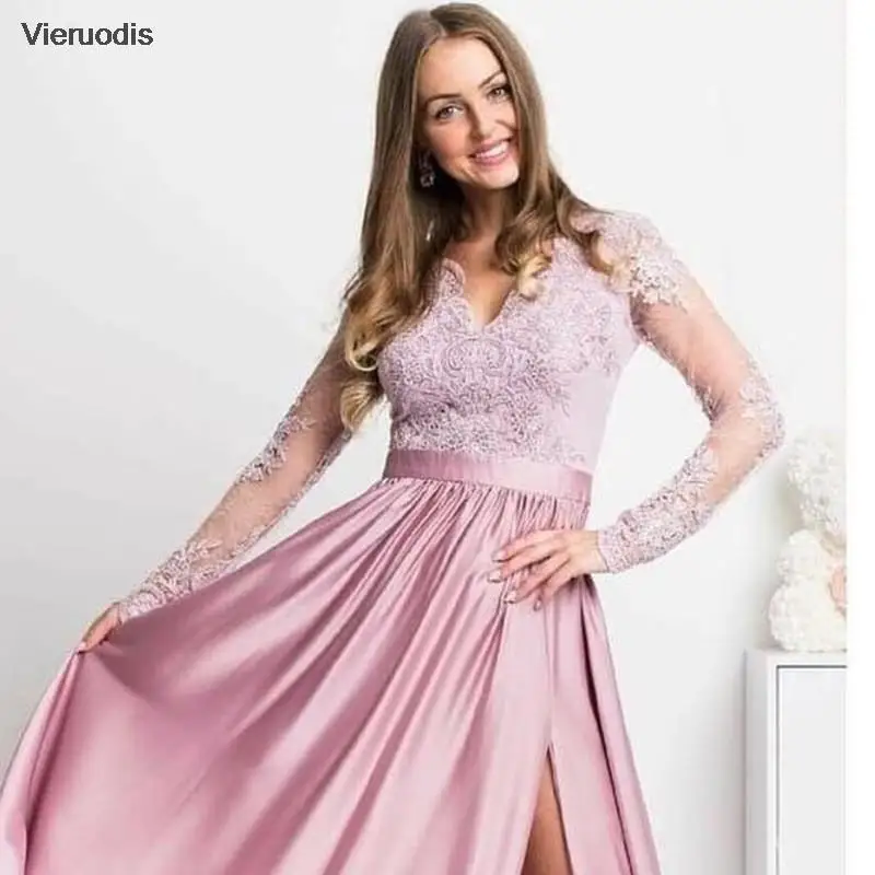 Abito da sera rosa 2021 manica lunga applicazioni in pizzo scollo a V lunghezza del pavimento perline di cristallo sexy spacco laterale abiti da festa formale da donna