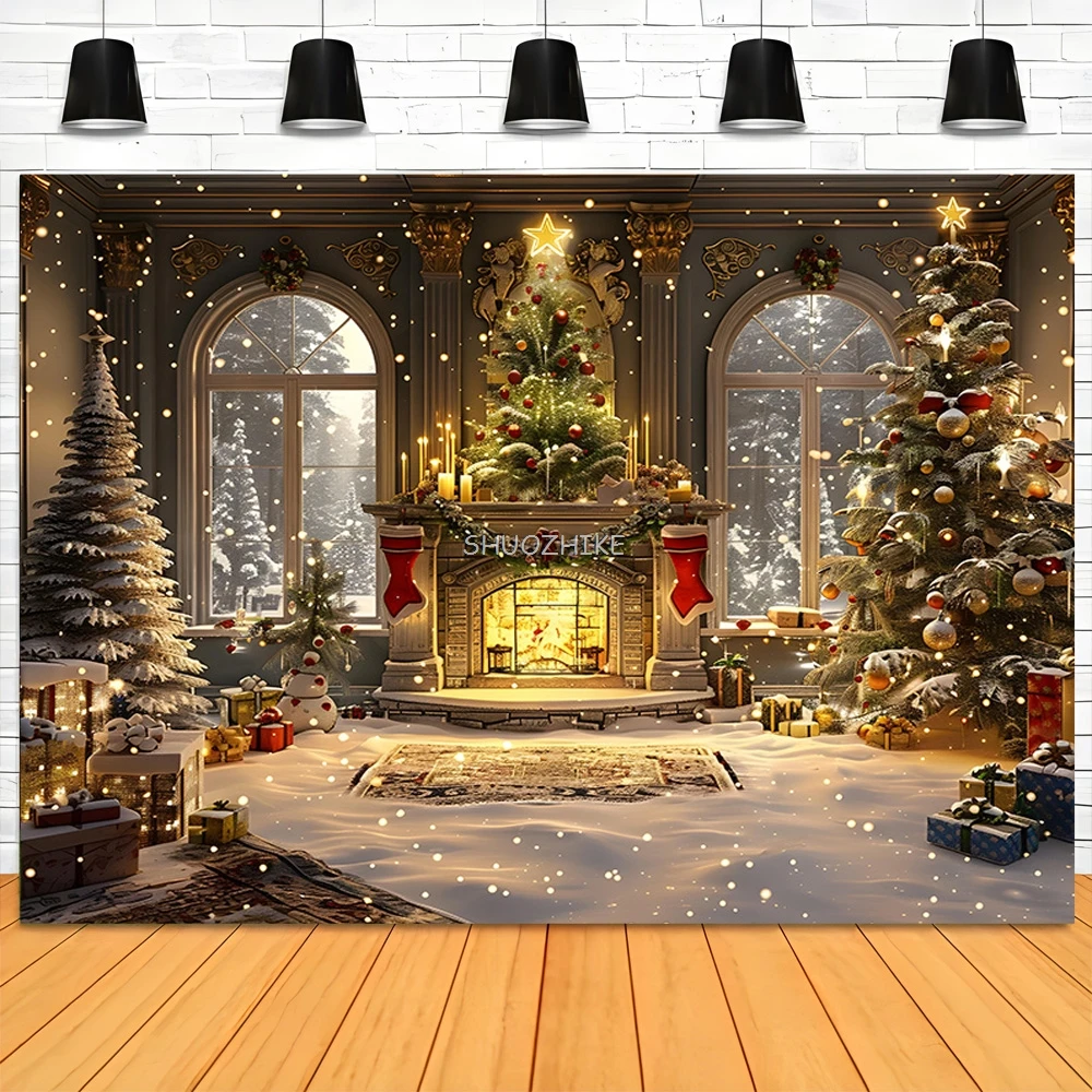 Christmas Tree With Wooden Floor Photography Backdrops Pinecones Snow Fireplace New Year Winter Holiday Party Background DT-31