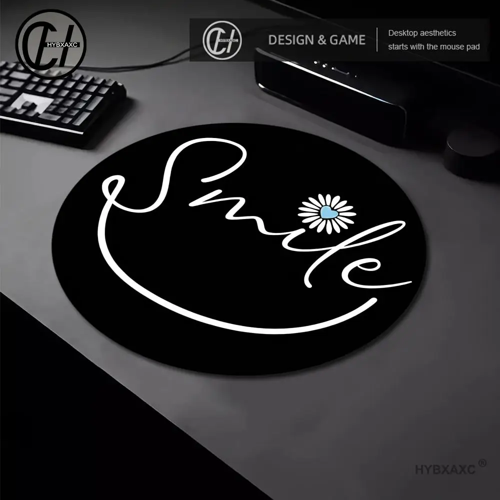 Smile Pattern Gaming Mouse Pad Black Design Round Mouse Pads Anti-slip Rubber Desk Mat Suitable For Girls Office Computer Rugs