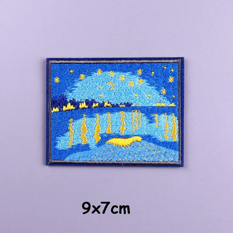 Van Gogh Waves Patch Embroiderey Patches For Clothing Stickers Badge Hook Loop Patches On Clothes Self-Adhesive Sewing Applique