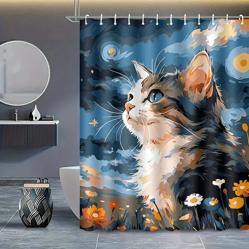 

Занавеска для душа с изображением кошки, звездное небо, художественный цветочный фон, милый декор для домашних животных, водонепроницаемая тканевая занавеска для ванны, комплект украшения дома