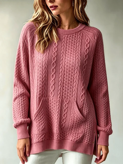 Women Cable Knit Sweater With Kangaroo Pocket Long Sleeve Crew Neck Loose Pullover Sweaters Casual Oversized Fall Winter Jumper For Ladies 3
