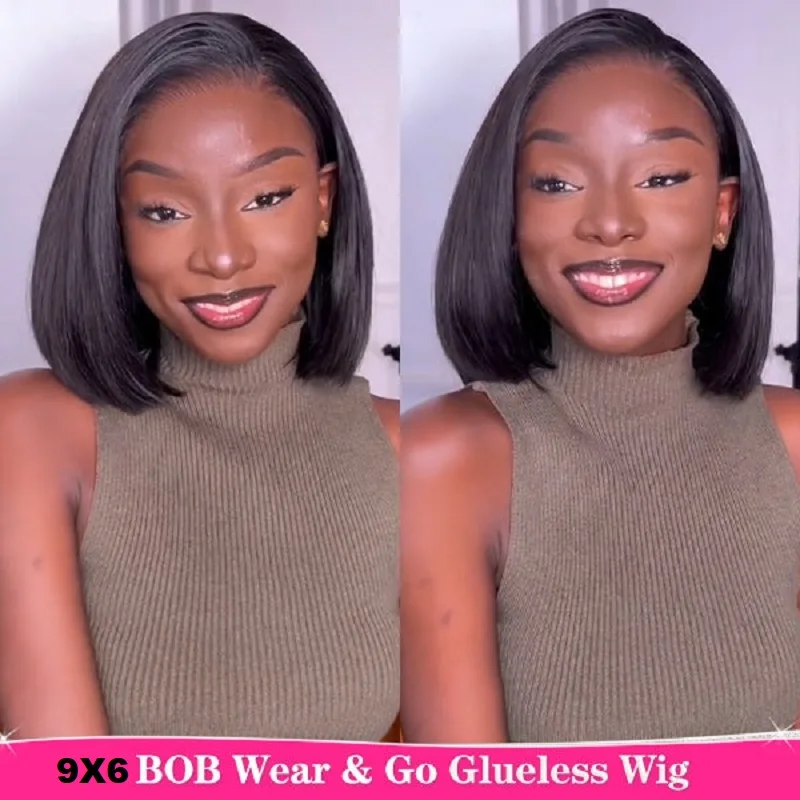 

250% Bleached Knots Wear Go Glueless Human Hair Wig 9x6 HD Lace Straight Short Bob Wig Pre Cut Pre Plucked Lace Wig Ready To Go