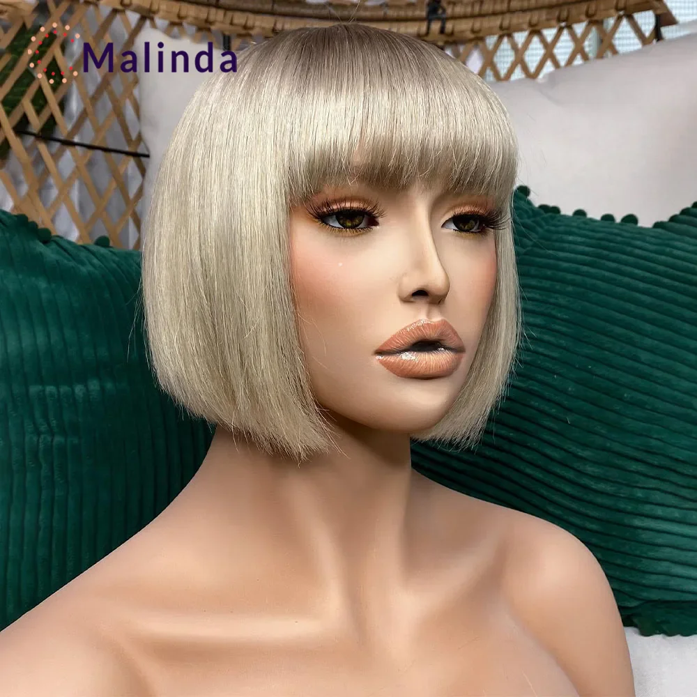 

Grey Blonde Short Bob Straight Full Machine Glueless Wig With Bang Pixie Cut 613 Blonde Colored Human Hair Wigs Ready To Go