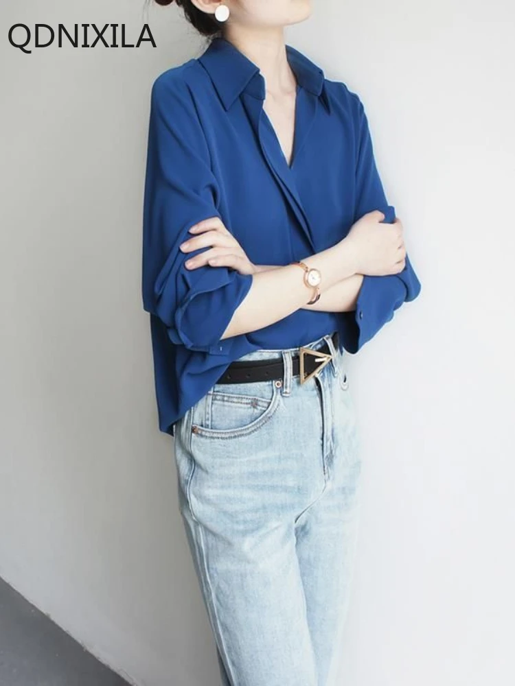 Spring 2025，Blouse，Solid Color Blue Shirts，Korean Style Women's Clothing，top，korean Reviews Many Girls Clothes，Shirts for Women
