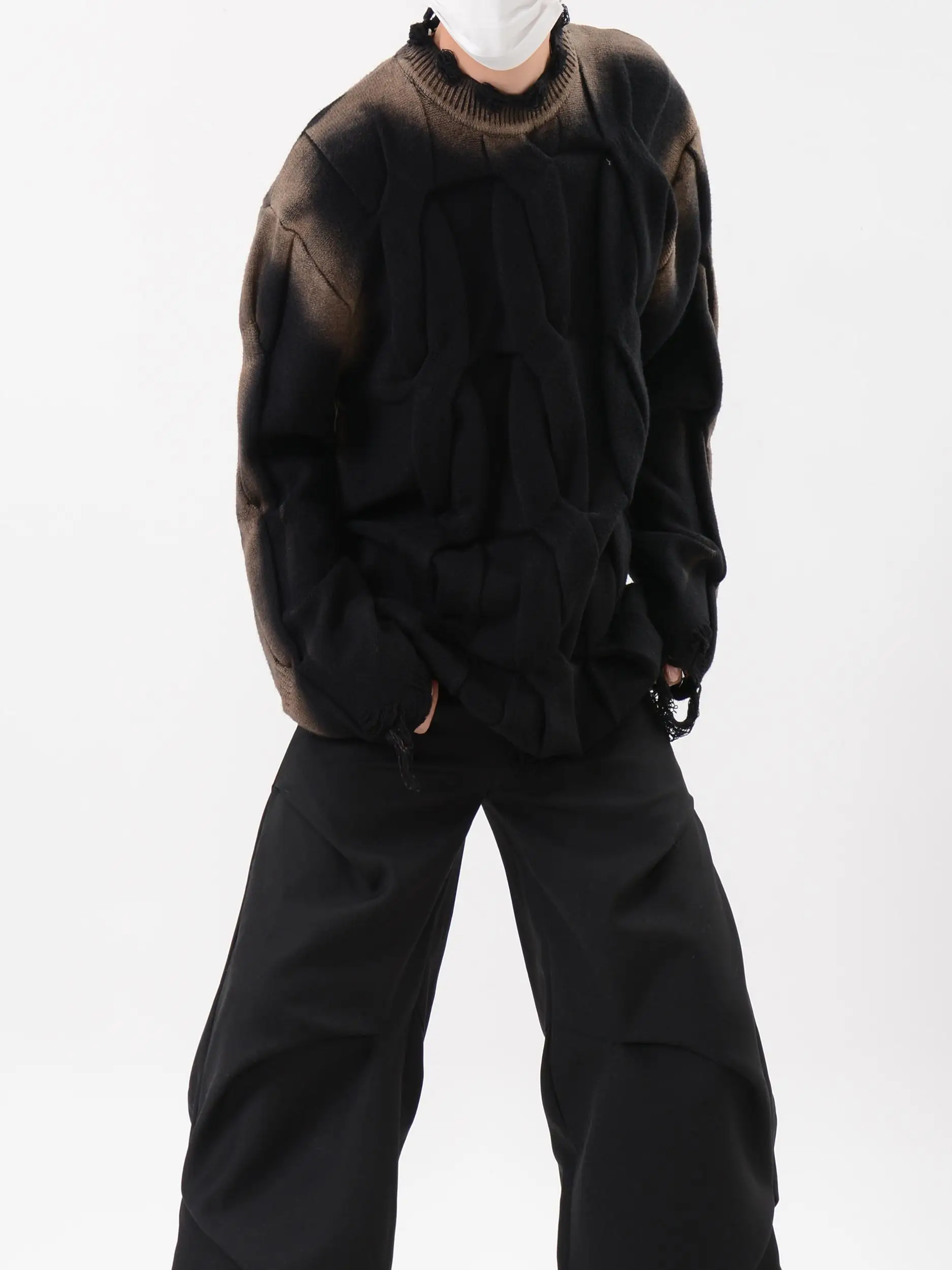 Fashion Designer Style Design Feeling Burrs Destroyed round Neck Sweater Autumn and Winter Contrast Color Knitwear