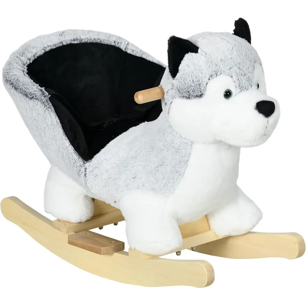 

Husky-Themed Wooden Rocking Animal, Realistic Sounds, Seat Belt, for Kids 18+ Months, Gray