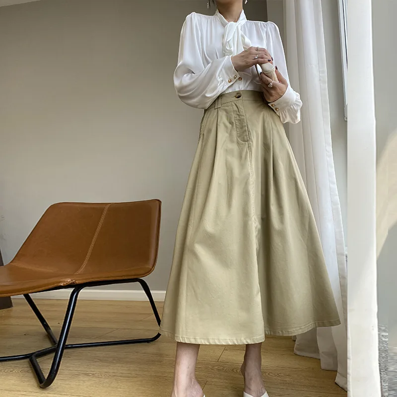 High Waist A-line Skirts Long Casual Skirt Workwear Skirt Vintage Khaki Color Half-body Long Skirt Female Spring and Autumn