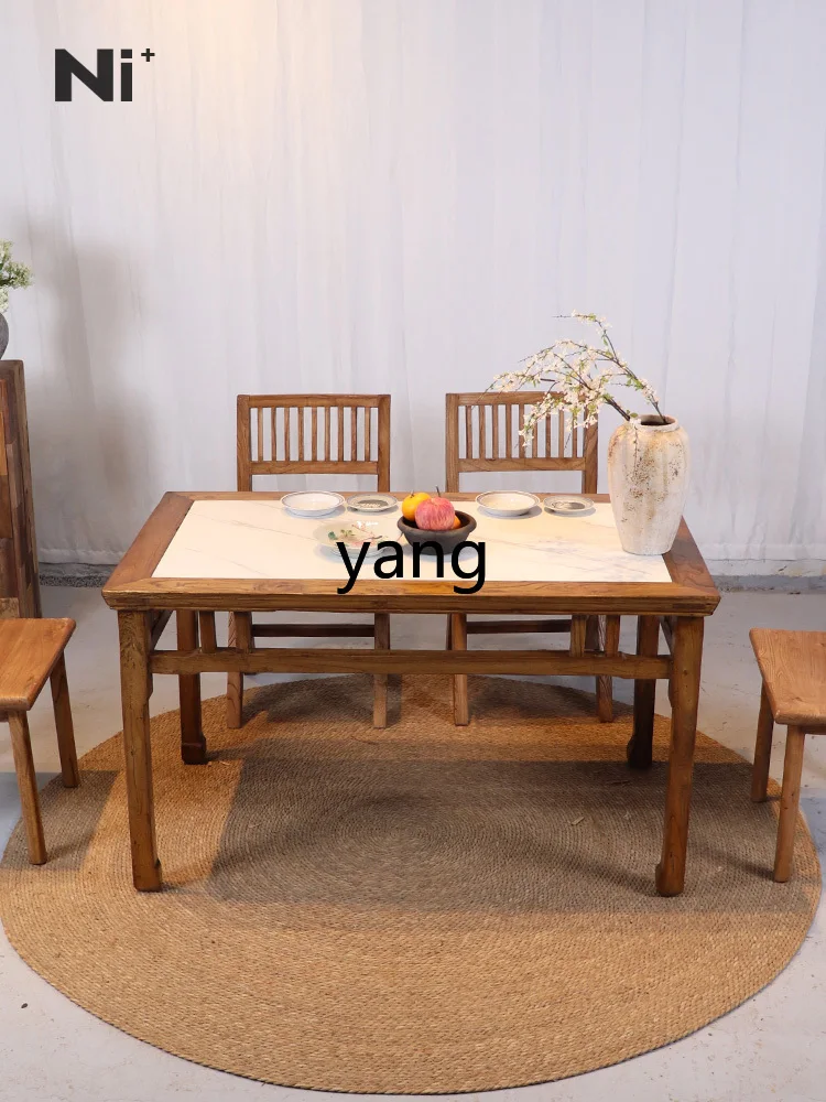 LMM solid wood rock slab dining table and chair combination home bed and breakfast restaurant rectangular Chinese dining table