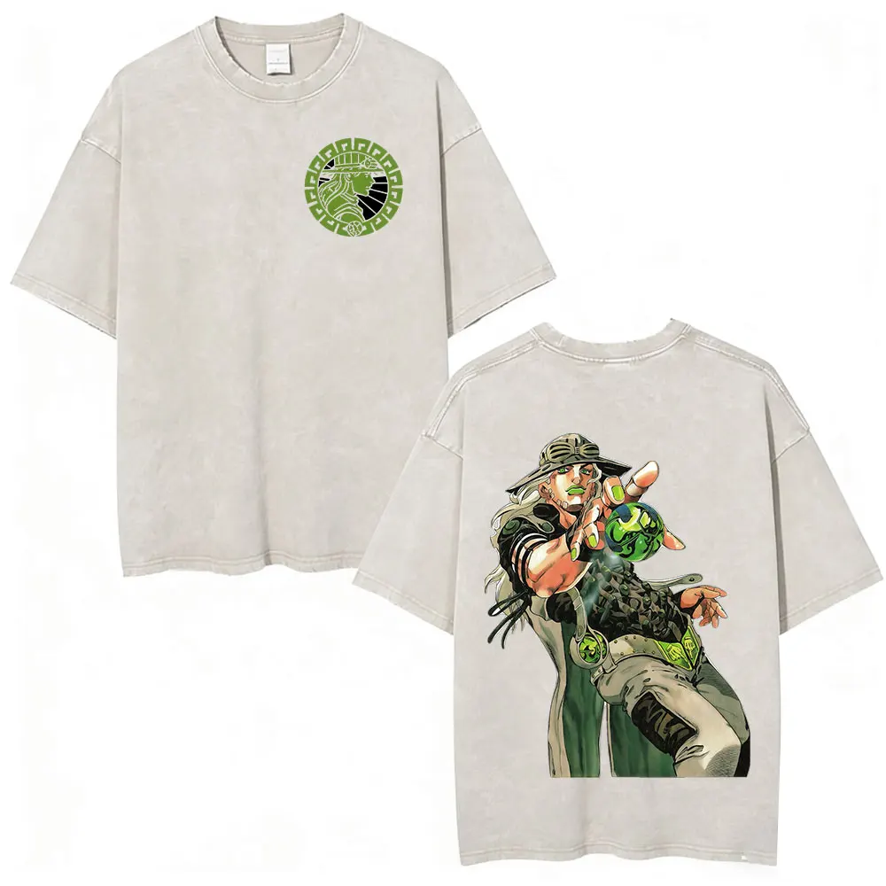 Customization Anime Jojo Bizarre Adventure STEEL BALL RUN Manga Vintage Acid Washed T Shirt Men Women Casual Short Sleeves T-shi