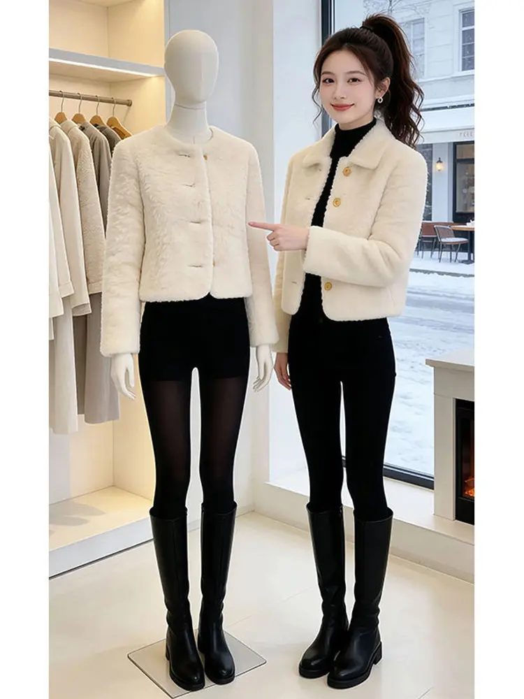 Cappotto Corto in Pelliccia d'Agnello Color Pera Stile Coreano per Signore, Nuova Collezione Autunno Inverno, Taglia Piccola