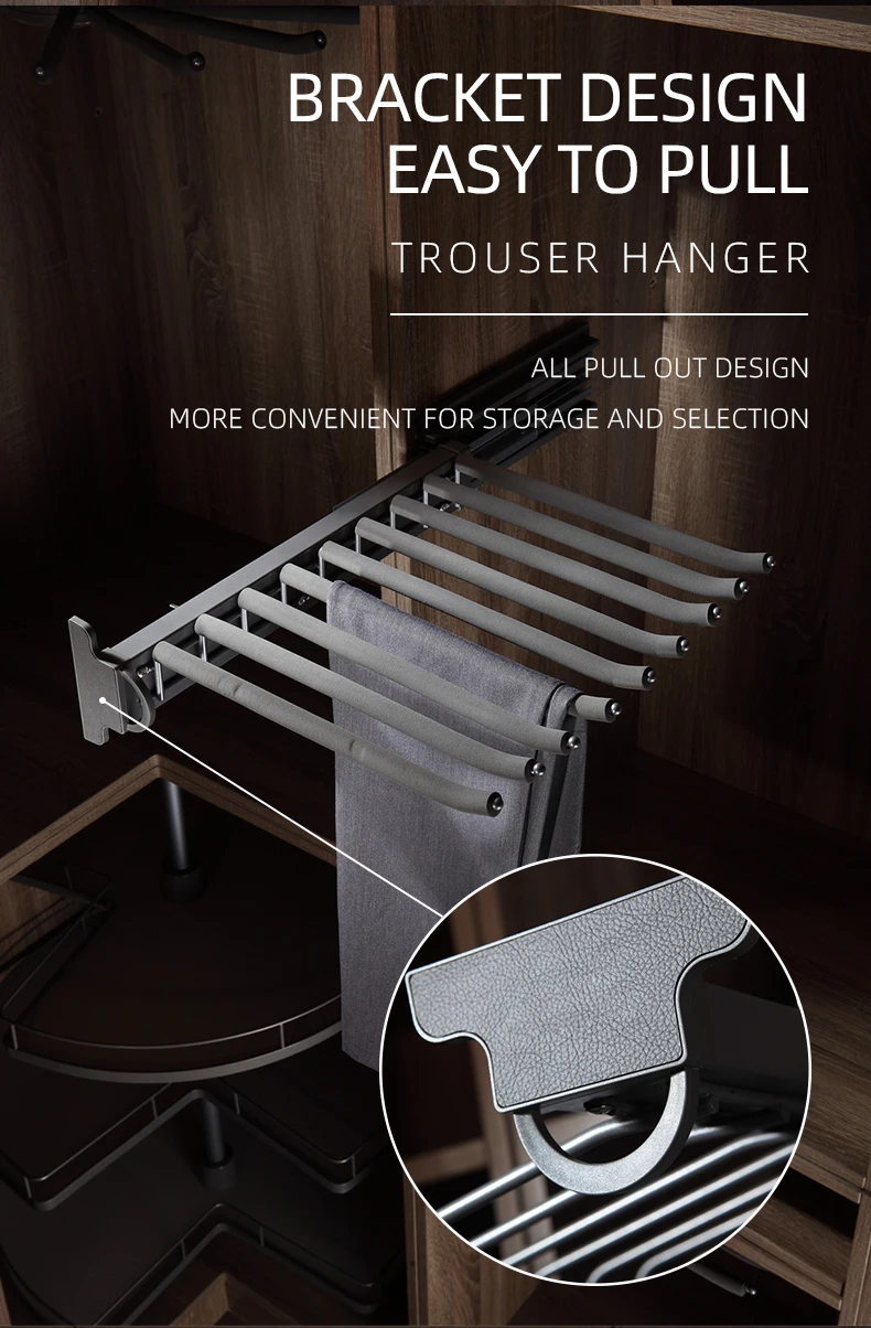 Roeasy Wardrobe Accessory Closet Pull Out Side  Mounted Sliding Lateral Trousers Rack Wall-mounted Single Trousers Rack