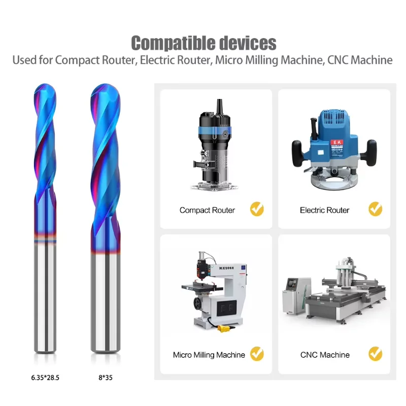 TCT Ball Nose End Mill Router Bit Set NanoBlueCoated 2FluteStraight CNCMilling Cutter Shank Mortising CuttingTool forWoodworking