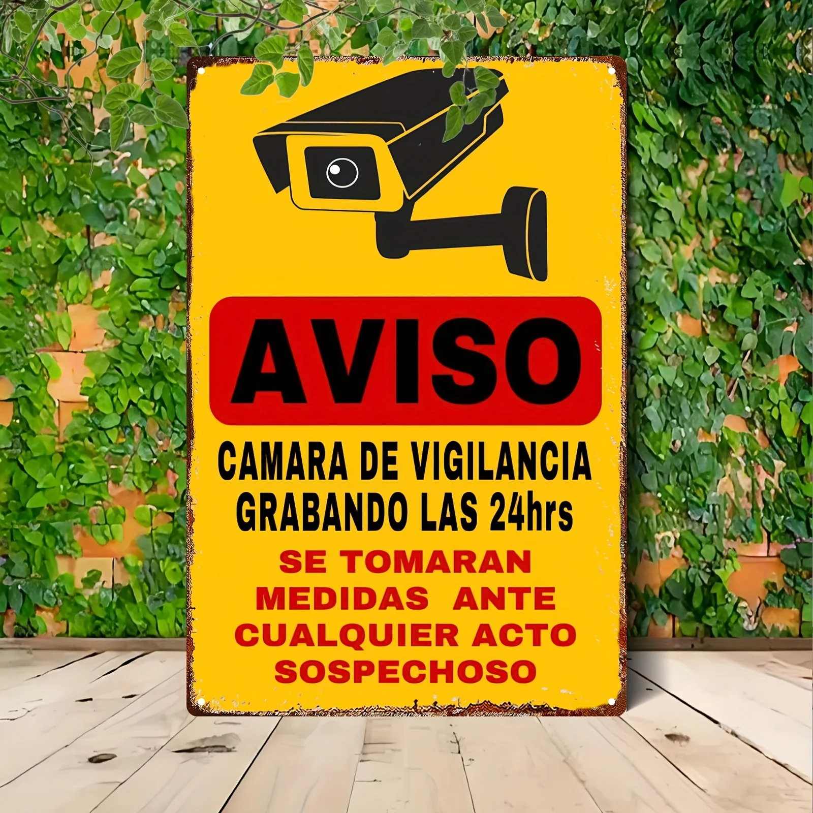 Vintage-Inspired Metal Wall Sign - Surveillance Camera Warning, , Rustic Yellow & Black Design with Green Ivy Background, Perfec