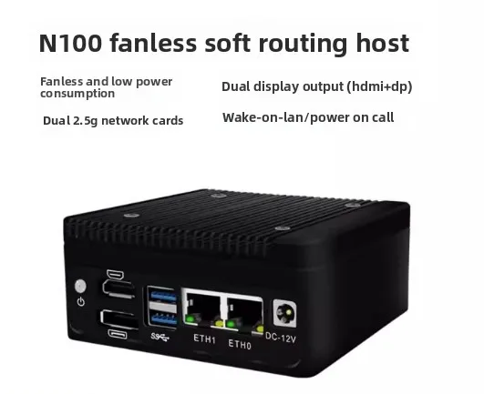 Fanless Mini PC Intel N100 Processor DDR5 SO-DIMM Dual 2.5G LAN HDMI2.1 DP1.4 for Firewall Router and Home Server BKHD-ALD-N100