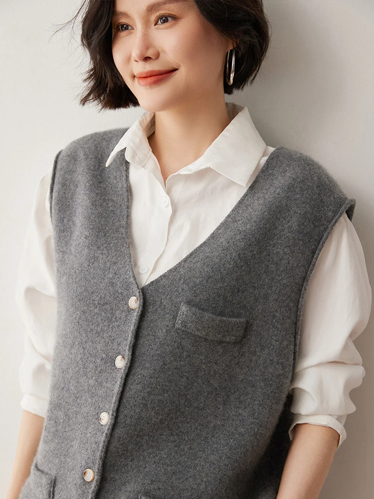 Autumn Winter Women Vest 100% Cashmere Sweater Cardigan Ladies V-Neck Sleeveless Knitted Cardigans Female Casual Tank Tops