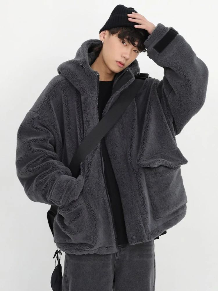 Winter 2024 Fake Fur Coat Oversize Cashmere Men\'s Zipper Up Dark Gray Coat Unisex Hip Hop Hooded Plush Padded Jacket