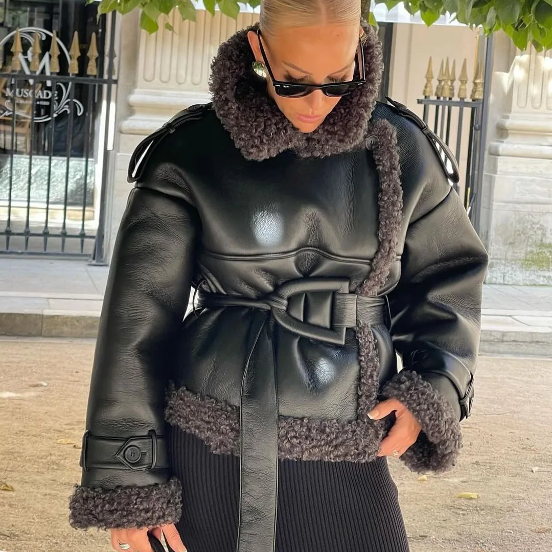 

European Style New Women's Fashion Versatile Temperament Simple Lapel Long Sleeve With Belt Fur Coat