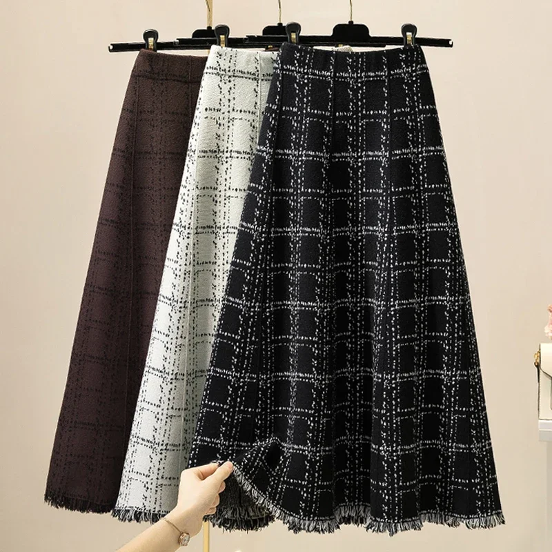 

Plaid Half-body Skirt Women's New Fall And Winter Tassel Small Perfume High-Waisted Medium-Length Knitted A-line Skirt Z349