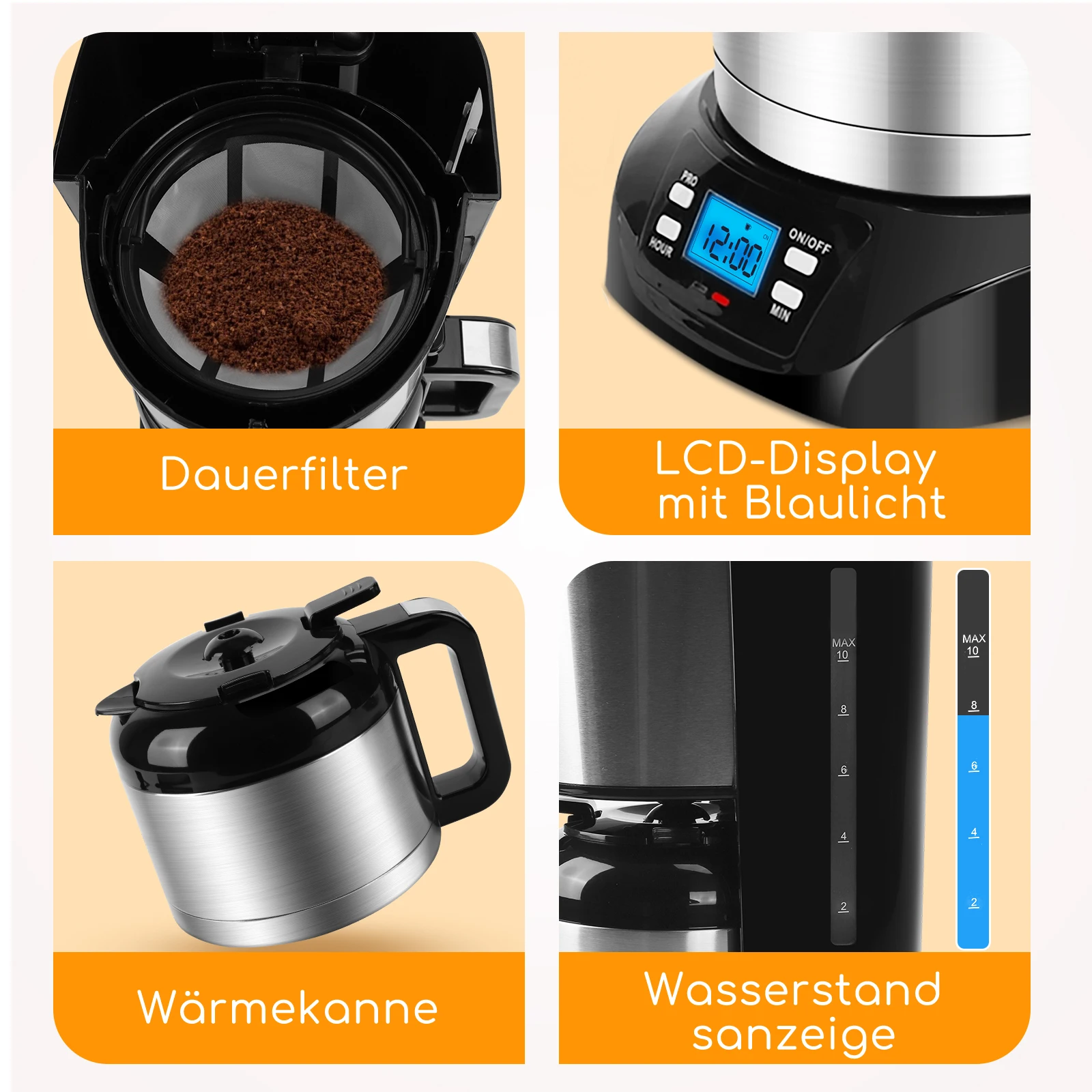 Aigostar Bonnie - ماكينة صنع القهوة من الفولاذ المقاوم للصدأ مع مؤقت، قابلة للبرمجة 24 ساعة، شاشة LCD، لوحة تدفئة، إيقاف تلقائي