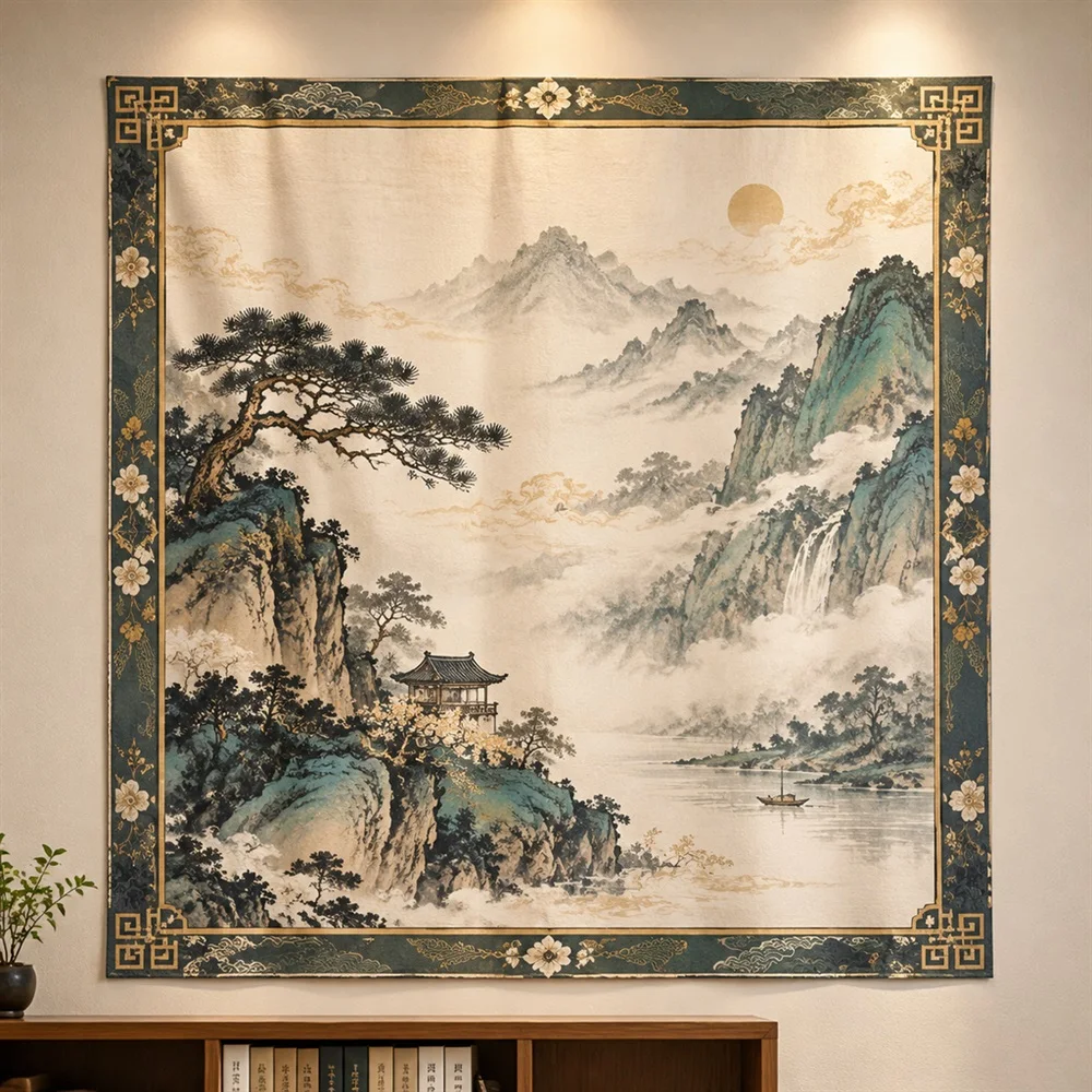 VIKAMA Chinese Blue Green Landscape Border Frame Tapestry Wall Hanging, Oriental Wall Decor Tapestries for Kitchen Dining Room