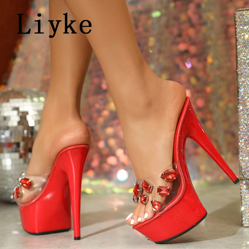 Liyke Sexy 13CM 15CM Super Thin High Heels Transparent Slipper Women Crystal Rivet Open Toe Party Stripper Shoes Platform Sandal