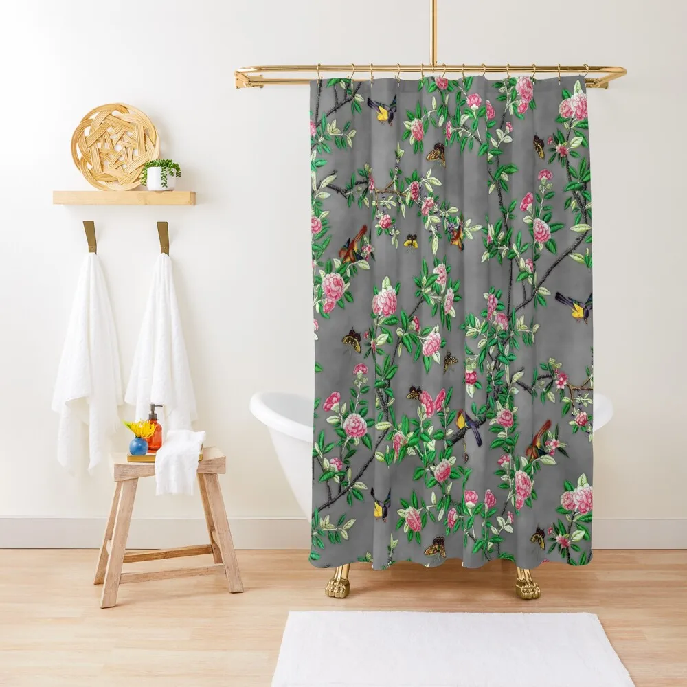 Chinoiserie Grey Shower Curtain Bathtub Waterproof Fabric Shower Curtain