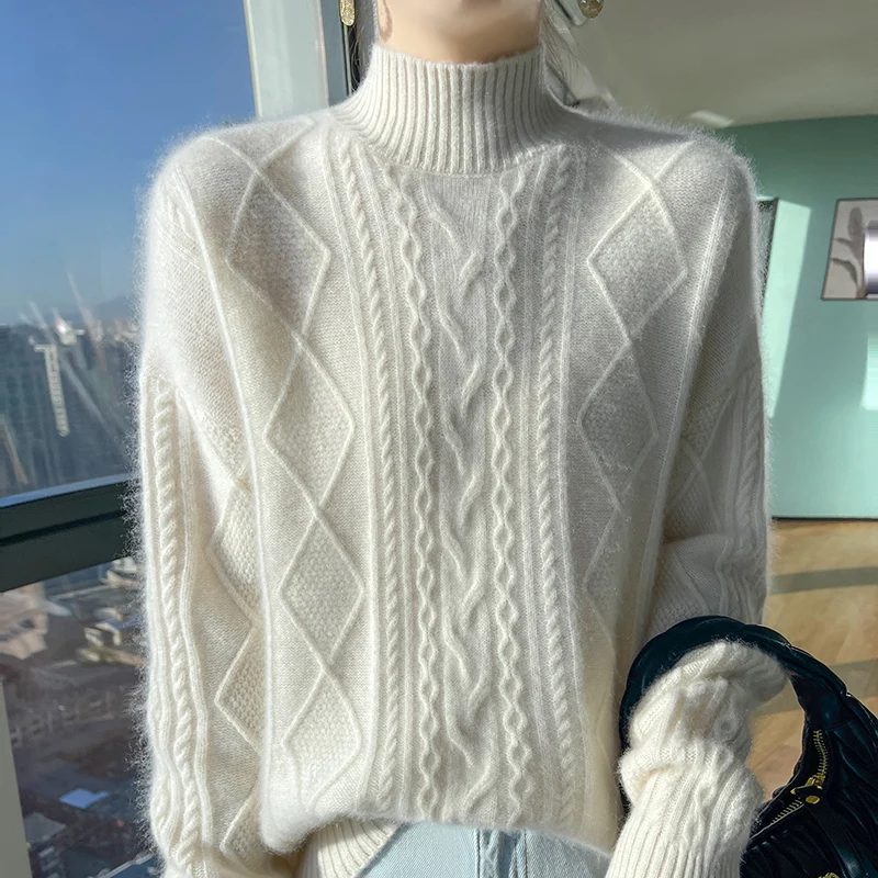 100% merino wool women\'s semi-high neck diamond twisted long sleeve thick sweater loose fashion knit bottoming shirt