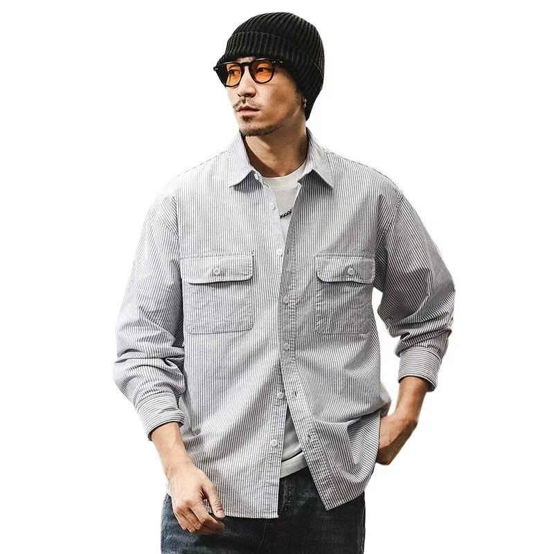 Men Oversize Streetwear Fashion Plus Size Loose Casual Long Sleeve Oxford Pure Cotton Stripe Shirts Blouses